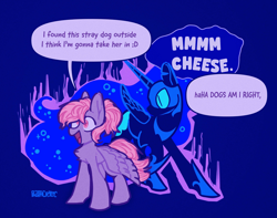 Size: 4096x3234 | Tagged: safe, artist:pastacrylic, derpibooru import, edit, derpy hooves, nightmare moon, alicorn, pegasus, pony, g4, :d, blue background, cheese, derpy being derpy, dialogue, duo, female, food, happy, helmet, jewelry, lesbian, mare, nightmarederp, open mouth, open smile, regalia, shipping, simple background, smiling