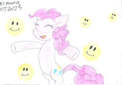 Size: 1373x949 | Tagged: safe, artist:cmara, derpibooru import, pinkie pie, earth pony, g4, drawing, female, simple background, smiley face, smiling, solo, white background