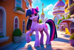 Size: 1216x832 | Tagged: safe, ai content, generator:pony diffusion v6 xl, machine learning generated, twilight sparkle, unicorn twilight, pony, unicorn, female, g4 to g5, mare, smiling, solo, unshorn fetlocks