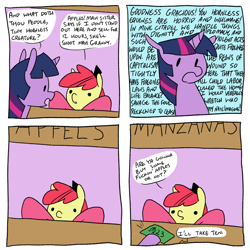 Size: 1280x1280 | Tagged: safe, artist:ghostwaffleheimer, apple bloom, twilight sparkle, unicorn twilight, earth pony, pony, unicorn, bowtie, comic, dialogue, duo, female, filly, foal, hat, mare, money, speech bubble, top hat, vulgar