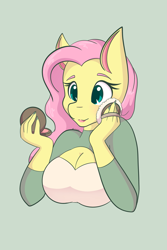 Size: 1365x2048 | Tagged: safe, artist:mscolorsplash, derpibooru import, fluttershy, anthro, pegasus, g4, big breasts, breasts, bust, cleavage, clothes, female, green background, hootershy, makeup, mare, mirror, open mouth, powder puff, simple background, solo