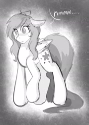 Size: 1463x2048 | Tagged: safe, artist:mscolorsplash, derpibooru import, oc, oc only, oc:color splash, pegasus, pony, concave belly, eye clipping through hair, female, grayscale, mare, monochrome, solo