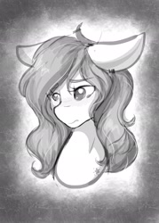 Size: 1463x2048 | Tagged: safe, artist:mscolorsplash, derpibooru import, oc, oc only, oc:color splash, pegasus, pony, bust, ears, female, floppy ears, grayscale, mare, monochrome, solo