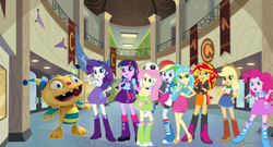 Size: 3500x1892 | Tagged: safe, artist:fireluigi29, artist:sugar-loop, derpibooru import, applejack, fluttershy, pinkie pie, princess skystar, rainbow dash, rarity, sunset shimmer, twilight sparkle, equestria girls, g4, my little pony: the movie, boots, canterlot high, henry hugglemonster, high heel boots, shoes, the rainbooms