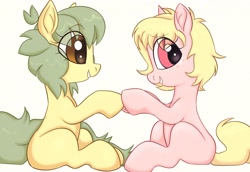 Size: 3942x2717 | Tagged: safe, artist:mushy, derpibooru import, oc, oc only, oc:candy pie, oc:pea, earth pony, pony, g4, blank flank, duo, duo female, eye clipping through hair, female, filly, foal, holding hooves, looking at each other, looking at someone, round belly, simple background, sitting, white background