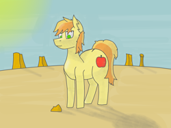 Size: 4080x3060 | Tagged: safe, artist:kokopingas98, derpibooru import, braeburn, earth pony, pony, g4, butt, desert, digital art, heat, horizon, large butt, looking down, male, mesa, mountain, rock, scenery, shading, shadow, sky, solo, stallion, standing, stone