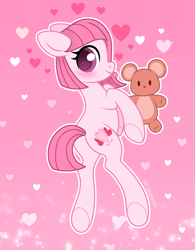 Size: 1000x1280 | Tagged: safe, artist:guruyunus17, derpibooru import, oc, oc only, oc:annisa trihapsari, earth pony, pony, :p, annibutt, base used, blushing, butt, cute, female, heart, heart background, looking at you, mare, ocbetes, pink background, plot, plushie, simple background, smiling, smiling at you, solo, teddy bear, tongue, tongue out, watermark