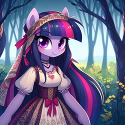 Size: 1024x1024 | Tagged: safe, ai content, derpibooru import, machine learning generated, twilight sparkle, g4, cyrillic, forest, nature, prompter needed, russian, slavic, solo, tree