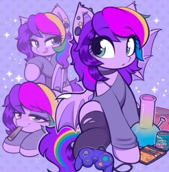 Size: 1668x1696 | Tagged: safe, artist:moozua, derpibooru import, oc, oc only, oc:lullaby, bat pony, pony, bat pony oc, big eyes, blunt, bong, can, choker, clothes, colored pinnae, colored wings, controller, drink, drugs, ear piercing, ear tufts, earring, eye clipping through hair, eyebrows, eyebrows visible through hair, female, floating eyebrows, folded wings, gamecube controller, gauges, green eyes, high, industrial piercing, jewelry, licking, licking lips, lidded eyes, long mane, long socks, long tail, looking back, looking up, lying down, mare, marijuana, mountain dew, multicolored hair, multicolored mane, multicolored tail, open mouth, patterned background, piercing, ponysona, purple coat, purple mane, purple tail, rainbow hair, rainbow tail, raised hoof, raised leg, ripped stockings, scene, scene hair, shoulderless shirt, sitting, smiling, soda, soda can, solo, sparkles, spread wings, stockings, tail, thigh highs, tongue, tongue out, torn clothes, triality, two toned wings, wall of tags, wingding eyes, wings