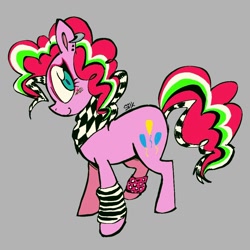 Size: 1074x1074 | Tagged: safe, artist:pichepata, derpibooru import, pinkie pie, earth pony, pony, g4, bandana, big eyes, blue eyes, blush scribble, blushing, clothes, colored pinnae, curly hair, curly mane, curly tail, dyed mane, dyed tail, ear piercing, earring, eyelashes, eyeshadow, female, gray background, jewelry, leg warmers, makeup, mare, multicolored mane, multicolored tail, neckerchief, piercing, pink coat, profile, scene, scene hair, scene kid, signature, simple background, smiling, solo, standing, tail, teal eyes, wingding eyes