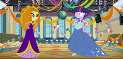 Size: 1024x497 | Tagged: safe, artist:brightstar40k, derpibooru import, adagio dazzle, twilight sparkle, twilight sparkle (alicorn), alicorn, human, equestria girls, g4, clothes, dress, gala dress, hypno eyes, hypnosis, hypnotized, long dress, long skirt, skirt