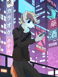 Size: 2250x3000 | Tagged: safe, artist:dash wang, derpibooru import, princess luna, queen chrysalis, oc, oc:cream brun, anthro, unicorn, city, clothes, cyberpunk, horn, male, neon, phone