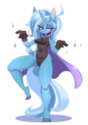 Size: 2096x2985 | Tagged: safe, artist:honowyn, derpibooru import, trixie, anthro, unguligrade anthro, unicorn, clothes, female, gloves, high res, horn, leotard, magician outfit, raised leg, simple background, solo, white background