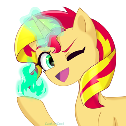 Size: 4000x4000 | Tagged: safe, artist:cattstaycool, derpibooru import, sunset shimmer, pony, unicorn, g4, female, fire, horn, looking at you, magic, magic aura, mare, one eye closed, open mouth, open smile, simple background, smiling, smiling at you, white background, wink, winking at you