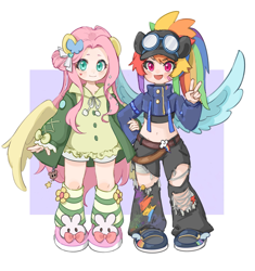 Size: 1923x2048 | Tagged: safe, artist:chonpskss, derpibooru import, fluttershy, rainbow dash, human, g4, bandaid, clothes, cutie mark on clothes, denim, duo, duo female, female, flower, flower in hair, flutterdash, goggles, goggles on head, hat, humanized, jeans, lesbian, midriff, pants, passepartout, peace sign, pony ears, ponytail, purple background, ripped jeans, ripped pants, shipping, shoes, simple background, spread wings, torn clothes, winged humanization, wings