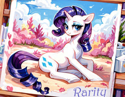 Size: 1152x896 | Tagged: safe, ai content, derpibooru import, generator:pony diffusion v6 xl, generator:stable diffusion, machine learning generated, rarity, pony, unicorn, g4, female, horn, mare, pose, postcard, prompter:gullveigai, solo