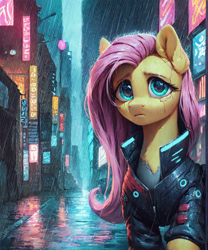 Size: 1000x1200 | Tagged: safe, ai content, derpibooru import, generator:pony diffusion v6 xl, generator:stable diffusion, machine learning generated, fluttershy, pegasus, pony, bust, city, cyberpunk, ear fluff, ears, female, mare, neon, night, portrait, prompter:star-dragon, rain, solo, street