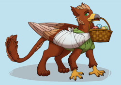 Size: 3000x2121 | Tagged: safe, artist:irhileth, derpibooru import, oc, oc:pavlos, griffon, bandage, basket, beak, beak hold, blue background, broken bone, broken wing, cast, cheek fluff, claws, clothes, colored wings, commission, eared griffon, easter, easter egg, griffon oc, holiday, injured, male, mouth hold, non-pony oc, simple background, sling, tail, wings