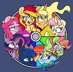 Size: 1884x1876 | Tagged: source needed, safe, artist:lou, derpibooru import, applejack, fluttershy, pinkie pie, princess luna, rainbow dash, rarity, sunset shimmer, tree hugger, twilight sparkle, alicorn, earth pony, pegasus, pony, unicorn, g4, alicornified, color wheel, earth pony luna, female, fluttercorn, horn, mane six, mare, pegasus twilight sparkle, race swap, unicorn rainbow dash