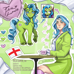 Size: 1500x1500 | Tagged: safe, artist:caosolita, derpibooru import, tealove, earth pony, human, pony, clothes, coat, cup, ear piercing, earring, eyeshadow, face tattoo, female, food, freckles, gloves, grin, heart, humanized, jewelry, makeup, mare, necklace, piercing, reference sheet, shirt, skirt, smiling, socks, solo, stockings, table, tattoo, tea, teacup, thigh highs, unshorn fetlocks