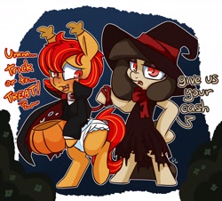 Size: 2352x2128 | Tagged: source needed, safe, artist:lou, derpibooru import, oc, oc only, oc:louvely, pony, bipedal, cape, clothes, costume, diaper, diaper fetish, duo, female, fetish, halloween, hat, holiday, male, mare, vampire costume, witch hat