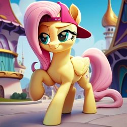 Size: 2048x2048 | Tagged: safe, ai content, derpibooru import, generator:purplesmart.ai, generator:stable diffusion, machine learning generated, fluttershy, pegasus, pony, g4, my little pony: the movie, backwards ballcap, baseball cap, canterlot, cap, female, hat, lidded eyes, mare, prompter:enterusxrname, raised hoof, raised leg, smiling, smirk, solo