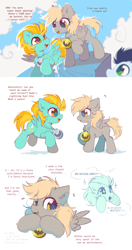 Size: 2048x3872 | Tagged: safe, artist:mirtash, derpibooru import, derpy hooves, lightning dust, soarin', pegasus, pony, g4, parental glideance, alternate name, alternate universe, blonde, blonde mane, blonde tail, blue coat, blue mane, blushing, bust, chest fluff, colt, colt soarin', cute, daaaaaaaaaaaw, derpabetes, dialogue, duo, duo female, duo focus, ear fluff, ears, emanata, eye clipping through hair, eyebrows, eyebrows visible through hair, eyelashes, female, filly, filly derpy, filly derpy hooves, filly lightning dust, foal, folded wings, friendshipping, golden eyes, gray coat, green eyes, high res, hooves together, leg fluff, long mane, looking at each other, looking at someone, looking away, male, medal, open mouth, open smile, profile, raised hoof, raised leg, shadow, shy, shy smile, simple background, sky background, smiling, smiling at each other, spread wings, standing, starry eyes, tail, talking, teeth, text, trio, underp, weapons-grade cute, white background, wingding eyes, wings, yellow mane, yellow tail, younger