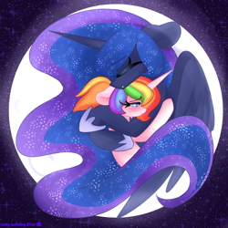 Size: 2000x2000 | Tagged: safe, artist:ladylullabystar, derpibooru import, princess luna, oc, oc:lady lullaby star, alicorn, pony, unicorn, g4, crying, duo, duo female, ethereal mane, female, high res, hoof shoes, horn, hug, mare, moon, princess shoes, stars, wings