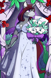 Size: 3000x4600 | Tagged: safe, artist:creed_zachary, derpibooru import, oc, oc only, oc:selune darkeye, anthro, pony, unicorn, bouquet, clothes, dress, ear fluff, ears, flower, glitter, horn, jewelry, marriage, redhead, ring, rose, smiling, solo, stars, tail, unicorn oc, veil, wedding, wedding arch, wedding dress, wedding ring, wedding veil