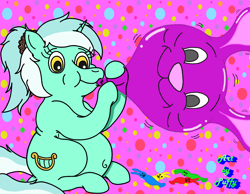 Size: 2450x1900 | Tagged: safe, artist:puffydearlysmith, derpibooru import, lyra heartstrings, pony, unicorn, g4, alternate hairstyle, balloon, belly button, blowing up balloons, chubby, easter, female, holiday, horn, inflating, mare, ponytail, rabbit balloon