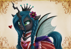 Size: 1216x832 | Tagged: safe, ai content, derpibooru import, generator:stable diffusion, machine learning generated, queen chrysalis, changeling, changeling queen, g4, abstract background, angry, braid, braided pigtails, clothes, crown, cute, cutealis, dress, ears, fangs, female, floating heart, floppy ears, flower, flower in hair, frilly dress, frown, girly, heart, horn, insect wings, jagged horn, jewelry, madorable, pigtails, prompter needed, regalia, scowl, slit eyes, snarling, solo, twin braids, unamused, upper body, wings