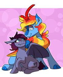 Size: 1615x1961 | Tagged: safe, alternate version, artist:hiddenfaithy, derpibooru import, oc, oc only, oc:icarus fyrewing, oc:xebec, bat pony, kirin, pony, :p, blushing, commission, simple background, sitting, tongue, tongue out, winged kirin