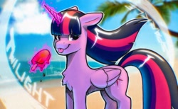 Size: 2048x1264 | Tagged: safe, artist:izalith_itxi, derpibooru import, twilight sparkle, twilight sparkle (alicorn), alicorn, pony, beach, chest fluff, female, food, glowing, glowing horn, horn, ocean, popsicle, solo, water