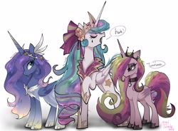 Size: 2048x1504 | Tagged: safe, artist:petaltwinkle, derpibooru import, princess cadance, princess celestia, princess luna, alicorn, pony, g4, alicorn triarchy, alternate color palette, alternate hair color, alternate hairstyle, bags under eyes, big horn, blue coat, blue eyes, bow, cadance is not amused, choker, clothes, colored wings, colored wingtips, dialogue, dress, emo, emolestia, ethereal mane, eye clipping through hair, eyebrows, eyebrows visible through hair, eyes closed, eyeshadow, female, flower, folded wings, frown, gradient horn, gradient legs, gradient mane, hair bow, headpiece, heart choker, height difference, hoof shoes, horn, jewelry, lidded eyes, long horn, long mane, long tail, looking at someone, looking back, makeup, mare, multicolored mane, multicolored tail, open mouth, pink coat, pink eyes, princess shoes, raised hoof, raised leg, regalia, ringlets, role reversal, shadow, signature, simple background, slender, sparkly mane, speech bubble, standing, starry mane, tail, talking, tall, thin, two toned wings, unamused, wall of tags, wavy mane, white background, white coat, wingding eyes, wings