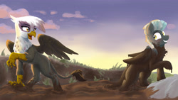 Size: 5907x3326 | Tagged: safe, artist:pzkratzer, derpibooru import, gilda, thunderlane, griffon, accidentally mud bath, cloud, cloudy, concave belly, crash, dirty, duo, embarrassed, female, gildalane, looking at each other, looking at someone, male, messy, mud, mud bath, muddy, muddy hooves, open mouth, ravine, shipping, slender, spread wings, stars, straight, sunset, swamp, thin, wings