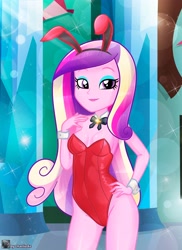 Size: 2980x4096 | Tagged: safe, artist:charliexe, derpibooru import, princess cadance, human, equestria girls, g4, 2d, breasts, bunny ears, bunny suit, cleavage, clothes, crystal empire, easter, eyeshadow, female, holiday, indoors, leotard, lipstick, makeup, red leotard, solo