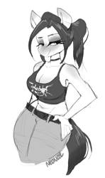 Size: 1762x2968 | Tagged: safe, artist:neoncel, derpibooru import, oc, oc only, oc:sindra, anthro, anthro oc, breasts, choker, cleavage, clothes, denim, female, jeans, makeup, metal band logo, midriff, pants, ponytail, solo, tanktop, y2k