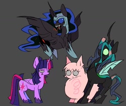 Size: 1310x1108 | Tagged: safe, artist:ponykip, derpibooru import, nightmare moon, queen chrysalis, twilight sparkle, twilight sparkle (alicorn), oc, oc:fluffle puff, alicorn, changeling, changeling queen, earth pony, pony, g4, alternate hairstyle, bags under eyes, big eyes, black coat, blue eyes, blue sclera, canon x oc, carapace, chrysipuff, colored hooves, colored sclera, double date, ethereal mane, fangs, female, flying, folded wings, frown, gray background, green sclera, group, height difference, helmet, hoof shoes, horn, insect wings, lesbian, long horn, long tongue, looking at someone, looking up, mare, multicolored mane, multicolored tail, narrowed eyes, pink coat, pink mane, ponytail, princess shoes, purple coat, purple sclera, quartet, sharp teeth, ship:twimoon, shipping, simple background, sparkly mane, spread wings, standing, straight mane, straight tail, tail, teal mane, teal tail, teeth, tied mane, tongue, tongue out, twilight sparkle is not amused, two toned mane, unamused, unicorn horn, unshorn fetlocks, wings