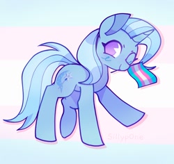 Size: 1507x1422 | Tagged: safe, artist:sillyp0ne, derpibooru import, trixie, pony, unicorn, g4, big ears, blue coat, blue mane, blue tail, blush scribble, blushing, colored pinnae, ears, eyelashes, female, flag, flag background, holding flag, horn, long mane, long tail, looking back, mare, mouth hold, one eye closed, outline, pride, pride flag, purple eyes, raised hoof, raised leg, signature, solo, standing, tail, trans female, trans trixie, transgender, transgender pride flag, two toned mane, two toned tail, unicorn horn, wingding eyes, wink