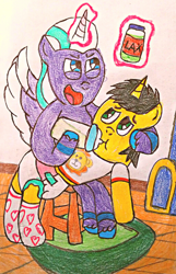 Size: 2256x3512 | Tagged: safe, artist:bitter sweetness, derpibooru import, opaline arcana, oc, oc only, oc:bitter sweetness, alicorn, pony, unicorn, my little pony: a new generation, my little pony: make your mark, my little pony: tell your tale, abdl, adult foal, armchair, baby bottle, chair, clothes, diaper, diaper fetish, fetish, food, glowing, glowing horn, horn, laxative, levitation, magic, non-baby in diaper, open mouth, open smile, rug, smiling, socks, telekinesis, traditional art, unicorn oc, wooden floor