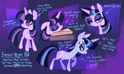 Size: 4000x2400 | Tagged: safe, artist:janegumball, derpibooru import, twilight sparkle, unicorn twilight, pony, unicorn, alternate universe, bad end, bags under eyes, book, female, glasses, mare, sleeping, solo