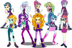 Size: 5904x3886 | Tagged: safe, derpibooru import, editor:cutler1228, adagio dazzle, aria blaze, indigo zap, lemon zest, lightning dust, moondancer, sonata dusk, sour sweet, sugarcoat, sunny flare, equestria girls, g4, shadowbolts, shadowbolts uniform, simple background, the dazzlings, transparent background