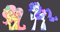 Size: 1738x935 | Tagged: safe, artist:shrimpnurse, derpibooru import, fluttershy, rarity, pegasus, pony, unicorn, g4, alternate color palette, alternate design, alternate hair color, alternate tailstyle, beauty mark, blush scribble, blushing, bow, coat markings, colored hooves, colored pinnae, countershading, curly hair, curly mane, curly tail, duo, duo female, ear piercing, earring, ears, eyelashes, eyeshadow, facial markings, female, floppy ears, flower, flower in tail, flower on ear, gray background, horn, jewelry, lidded eyes, long eyelashes, long legs, looking back, makeup, mare, open mouth, open smile, partially open wings, piercing, pink mane, pink tail, profile, purple mane, purple tail, raised hoof, raised leg, redesign, ringlets, shiny hoof, simple background, smiling, standing, star (coat marking), straight mane, straight tail, striped horn, tail, tail bow, teal eyes, two toned mane, two toned tail, unicorn horn, white coat, wingding eyes, wings, yellow coat