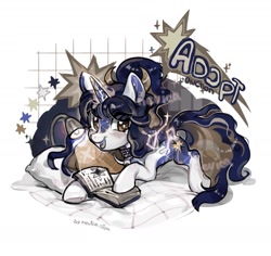 Size: 1280x1208 | Tagged: safe, artist:nev1ca, derpibooru import, oc, oc only, unicorn, adoptable, bed, book, coat markings, colored, constellation, horn, horn markings, lying down, obtrusive watermark, on bed, pillow, prone, reverse countershading, signature, solo, stars, unicorn oc, watermark