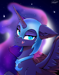 Size: 1078x1362 | Tagged: safe, artist:cmdrtempest, derpibooru import, nightmare moon, princess luna, alicorn, pony, g4, armor, blue eyes, blue mane, bust, cute, digital art, ethereal mane, eyelashes, eyeshadow, fangs, feather, female, flowing mane, helmet, kitchen eyes, lidded eyes, looking at you, makeup, mare, moon, moonlight, nicemare moon, night, peytral, portrait, signature, smiling, smiling at you, solo, spread wings, starry mane, stars, teeth, tongue, tongue out, wings