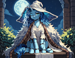 Size: 1440x1120 | Tagged: safe, ai content, derpibooru import, generator:pony diffusion v6 xl, generator:stable diffusion, machine learning assisted, machine learning generated, pony, unicorn, cloak, clothes, doll, elden ring, female, full moon, hat, horn, looking at you, mare, moon, multiple legs, multiple limbs, one eye closed, ponified, prompter:gullveigai, ranni the witch, sitting, six legs, six-legged pony, solo, species swap, toy, tunic, witch hat