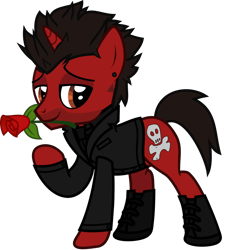 Size: 1206x1265 | Tagged: safe, artist:lightningbolt, derpibooru exclusive, derpibooru import, pony, unicorn, .svg available, all time low, clothes, ear piercing, earring, eyeliner, facial hair, flower, flower in mouth, horn, jack barakat, jewelry, lidded eyes, looking at you, makeup, male, mouth hold, necktie, piercing, ponified, raised hoof, raised leg, rose, rose in mouth, shirt, shoes, show accurate, simple background, solo, species swap, stallion, suit jacket, svg, tattoo, transparent background, undershirt, vector