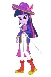 Size: 2000x3000 | Tagged: safe, artist:andrestoons, artist:user15432, derpibooru import, edit, twilight sparkle, twilight sparkle (alicorn), alicorn, human, equestria girls, boots, clothes, element of magic, feather, feathered hat, hat, high heel boots, looking at you, princess peach showtime, shoes, smiling, smiling at you, sword, vector, vector edit, weapon
