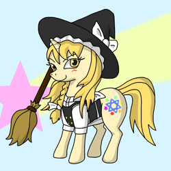 Size: 1000x1000 | Tagged: safe, artist:パルナス, derpibooru import, pony, unicorn, g4, blushing, broom, clothes, female, hat, hexagram, horn, kirisame marisa, looking at you, magician, ponified, rule 85, smiling, species swap, tail, touhou, witch hat