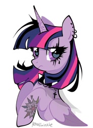 Size: 751x1024 | Tagged: safe, artist:petaltwinkle, derpibooru import, twilight sparkle, twilight sparkle (alicorn), alicorn, pony, g4, alternate hair color, choker, colored wings, colored wingtips, countershading, cross choker, dyed mane, ear piercing, earring, female, folded wings, frown, goth, horn, jewelry, lidded eyes, looking at you, makeup, mare, multicolored mane, narrowed eyes, piercing, purple coat, purple eyes, raised hooves, signature, simple background, solo, spiked choker, straight mane, tattoo, two toned wings, unicorn horn, white background, wingding eyes, wings